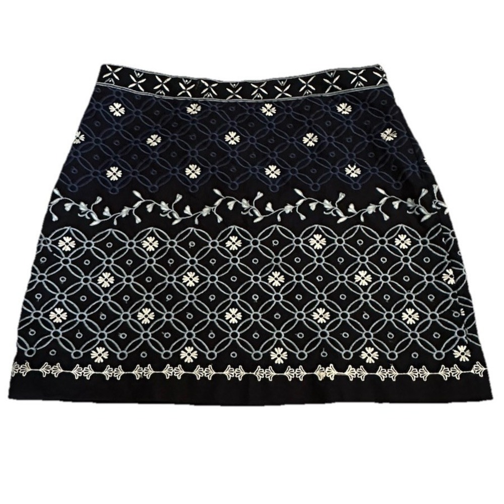 LOFT Women's Size 12 Navy Embroidered A-Line Skirt Floral Geometric